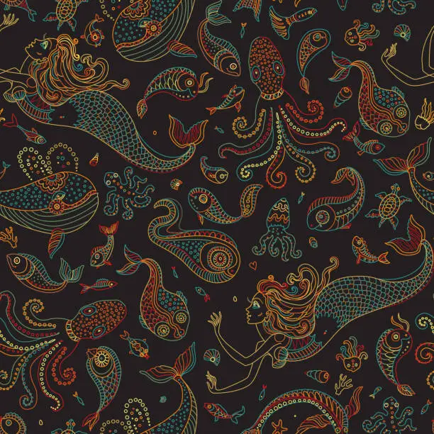 Vector illustration of Vector seamless pattern. Fantasy mermaid, octopus, fish, sea animals colorful contour thin line drawing with ornaments on a black background. Embroidery border, wallpaper, textile print, wrapping paper