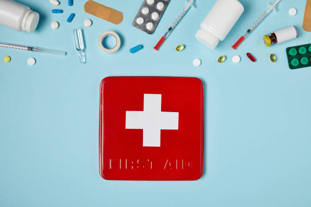 istock top view of red first aid kit box on blue surface with various medicines 992963766