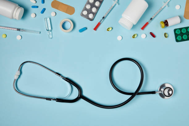istock top view of stethoscope and various medicines on blue surface 992970156