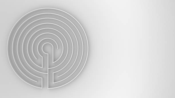 istock Round white labyrinth maze game with entry and exit, find the way concept, background idea with copy space 992993436