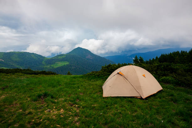 istock Tent on the green mountain meadow 992999308