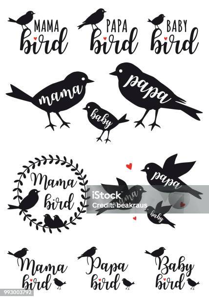 Mama Bird Papa Bird Baby Vector Set Stock Illustration - Download Image Now - Bird, In Silhouette, Vector