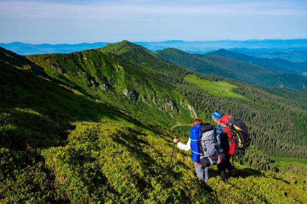 istock Adventurers with backpacks stands on green mountain ridge 993016378