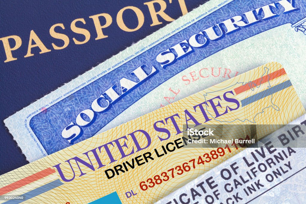 Personal Documents USA Passport with Social Security Card, Drivers License and Birth Certificate. Driver's License Stock Photo