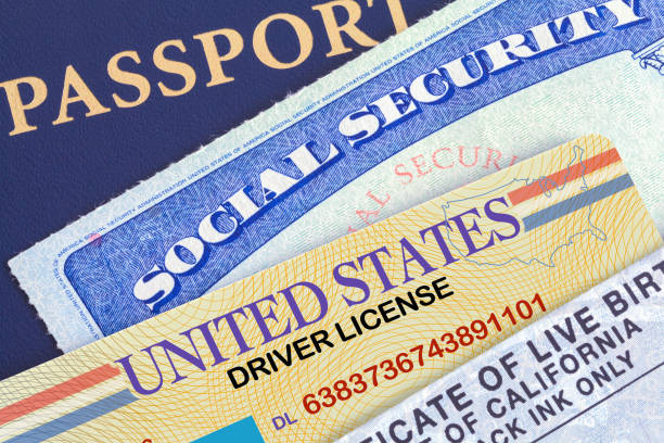 Personal Documents USA Passport with Social Security Card, Drivers License and Birth Certificate. drivers license stock pictures, royalty-free photos & images