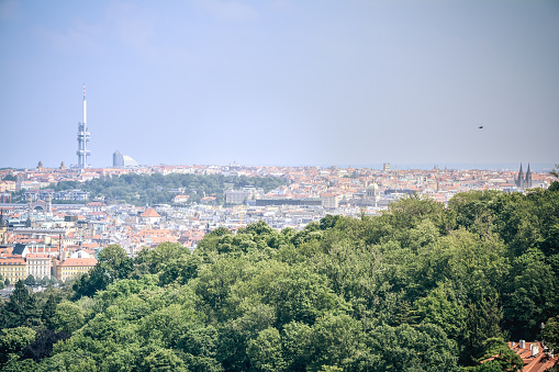 Prague, Czech Republic - Jun 05, 2018: Panoramic view of the city of Prague as seen from the hill.