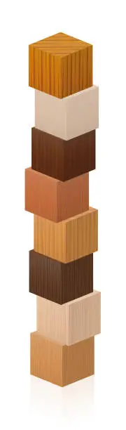 Vector illustration of Wooden tower made of different wood samples - textured cubes from various trees. Isolated vector illustration on white background.