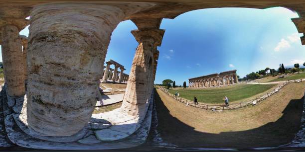 Paestum - Spherical photo from the Temple of Hera Paestum, Salerno, Campania, Italy - July 1, 2018: Spherical photo of the archaeological park from the Temple of Hera temple of neptune doric campania italy stock pictures, royalty-free photos & images