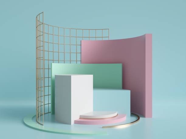3d render, abstract geometric background, minimalistic primitive shapes, modern mock up, cylinder podium, blank template, gold metal grid, empty showcase, shop display, mint blue pink pastel colors