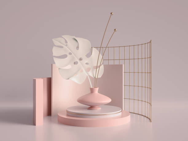 istock 3d render, primitive shapes, abstract geometric background, cylinder podium, modern minimalistic mock up, template, rose gold metal grid, palm leaf, showcase, shop display, blush pink pastel colors 993075502