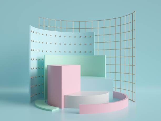istock 3d render, primitive shapes, abstract geometric background, cylinder podium, modern minimalistic mock up, blank template, gold metal grid, empty showcase, shop display, mint blue pink pastel colors 993075612