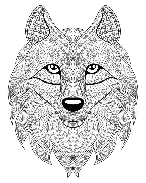 Vector illustration of Wolf head in zentangle style. Adult antistress coloring page. Black and white hand drawn doodle for coloring book. Ethnic pattern, ornament