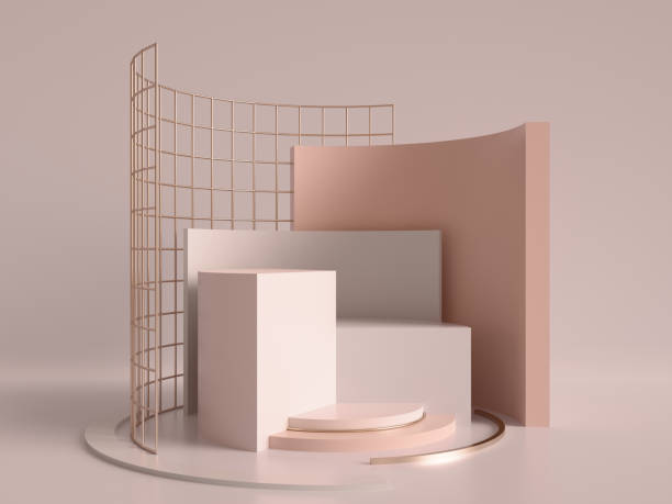 istock 3d render, abstract geometric background, minimalistic primitive shapes, modern mock up, cylinder podium, blank template, rose gold metal grid, empty showcase, shop display, blush pink pastel colors 993075704