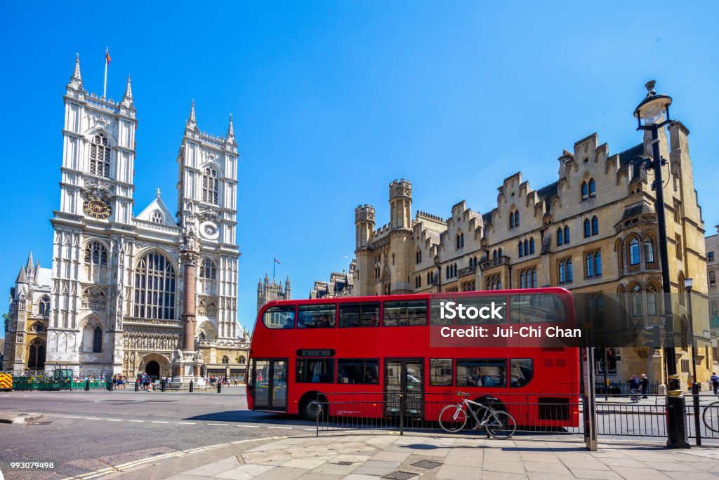 double decker bus street view of london, uk London - England Stock Photo