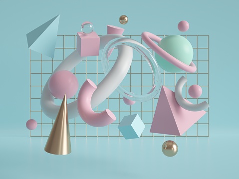 3d render, geometric background, flying objects, gold cone, pyramid, cube, ball, torus, primitive shapes, chaos, mint pink white pastel colors