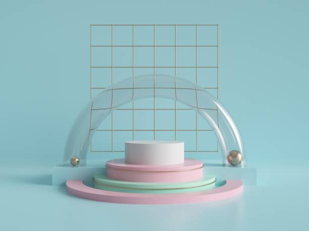 istock 3d render, abstract geometric background, minimalistic primitive shapes, modern mock up, cylinder podium, blank template, gold metal grid, empty showcase, shop display, mint blue pink pastel colors 993079956