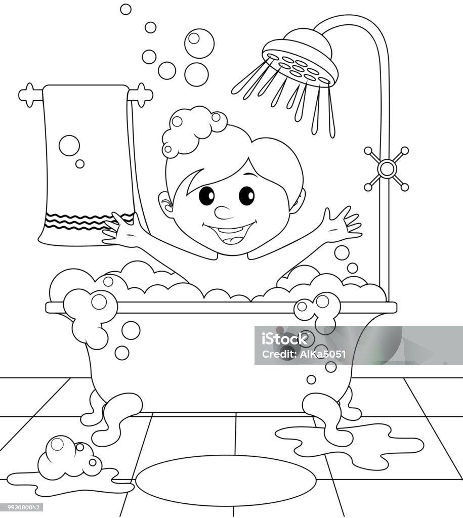 Boy in the bathroom. Black and white vector illustration for coloring book vector illustration Coloring stock vector