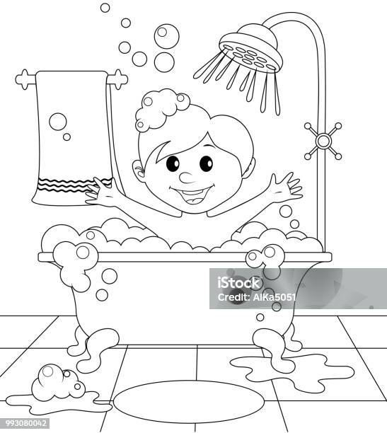 Boy In The Bathroom Black And White Vector Illustration For Coloring Book Stock Illustration - Download Image Now