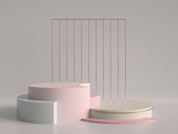 istock 3d render, abstract geometric background, minimalistic primitive shapes, modern mock up, cylinder podium, blank template, rose gold metal grid, empty showcase, shop display, pastel pink colors 993080066