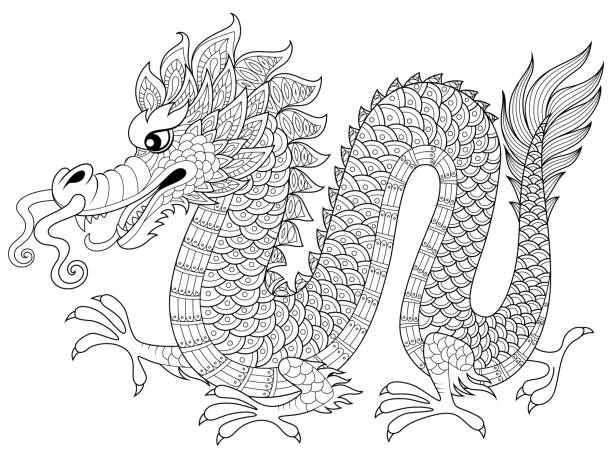 Chinese dragon in zentangle style. Adult antistress coloring page. Black and white hand drawn doodle for coloring book vector illustration coloring book cover stock illustrations