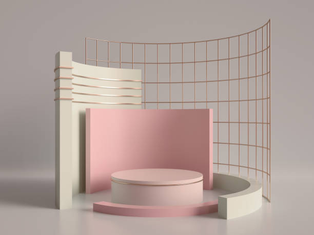 istock 3d render, primitive shapes, abstract geometric background, cylinder podium, modern minimalistic mock up, blank template, rose gold metal grid, empty showcase, shop display, blush pink pastel colors 993080158