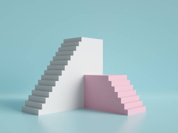 3d render, abstract minimal background, pink and white stairs, podium, pastel colors
