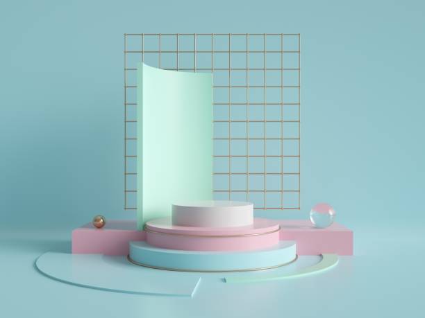 istock 3d render, primitive shapes, abstract geometric background, cylinder podium, modern minimalistic mock up, blank template, gold metal grid, empty showcase, shop display, mint blue pink pastel colors 993080794