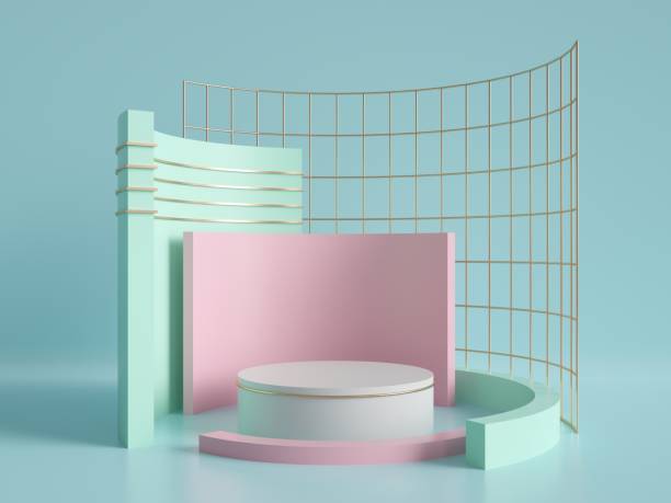 3d render, primitive shapes, abstract geometric background, cylinder podium, modern minimalistic mock up, blank template, gold metal grid, empty showcase, shop display, mint blue pink pastel colors