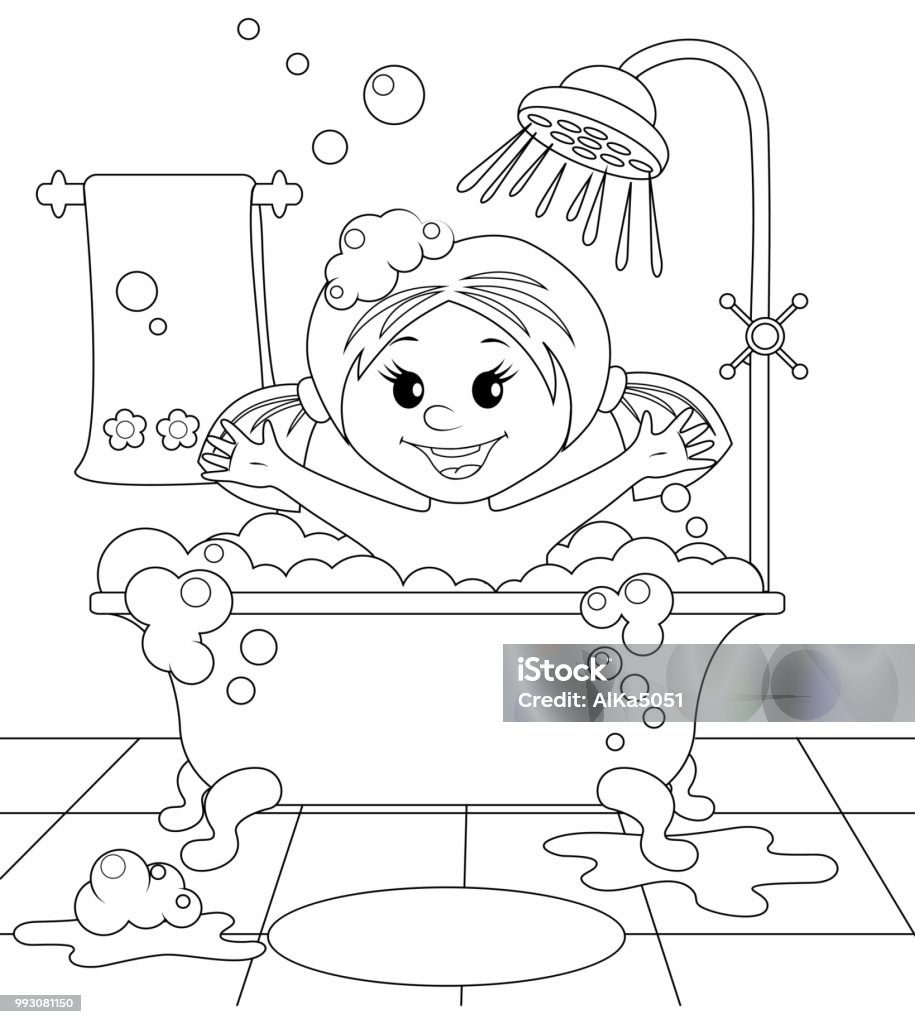 Girl in the bathroom. Black and white vector illustration for coloring book vector illustration Art stock vector