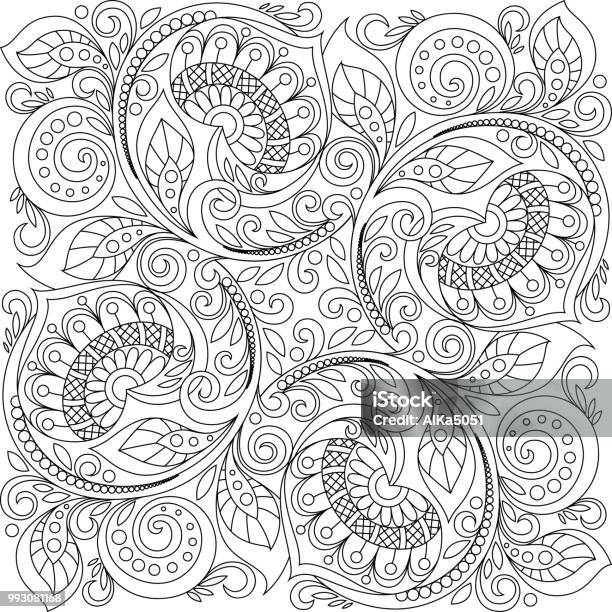 Square Ornament Background With Hearts Floral Decorative Pattern In Zentangle Style Adult Antistress Coloring Page Black And White Hand Drawn Doodle For Coloring Book Stock Illustration - Download Image Now