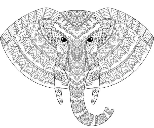 Vector illustration of Elephant head in zentangle style. Adult antistress coloring page. Black and white hand drawn doodle for coloring book. Ethnic pattern, ornament. African, indian design
