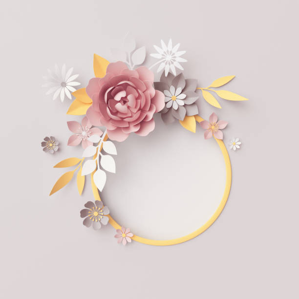 3d render, pastel paper flowers, botanical round frame, gray background, pink rose, peony, daisy, leaves, floral wreath, nursery wall decor, baby shower invitation template, blank banner, copy space render 3d, flores de papel pastel, botánicos redondo marco, fondo gris, rosa, peonía, margarita, hojas, guirnalda floral, decoración de la pared del cuarto de niños, plantilla de invitación de ducha baby, banner en blanco, espacio de copia