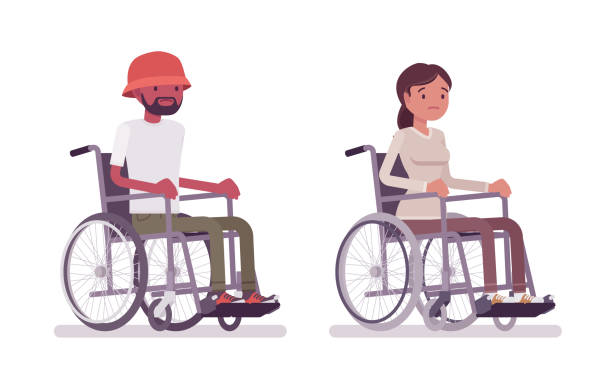 Male and female young wheelchair user Male and female young wheelchair user. Poor quality of life and health. Society and disabled people community concept. Vector flat style cartoon illustration, isolated, white background shocked computer stock illustrations