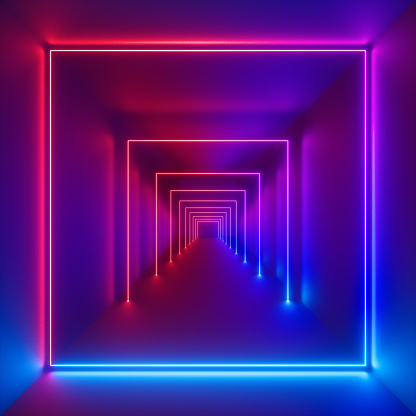 3d render, neon lights, laser show, glowing lines, virtual reality, abstract fluorescent background, optical illusion, cubic room, corridor, night club interior