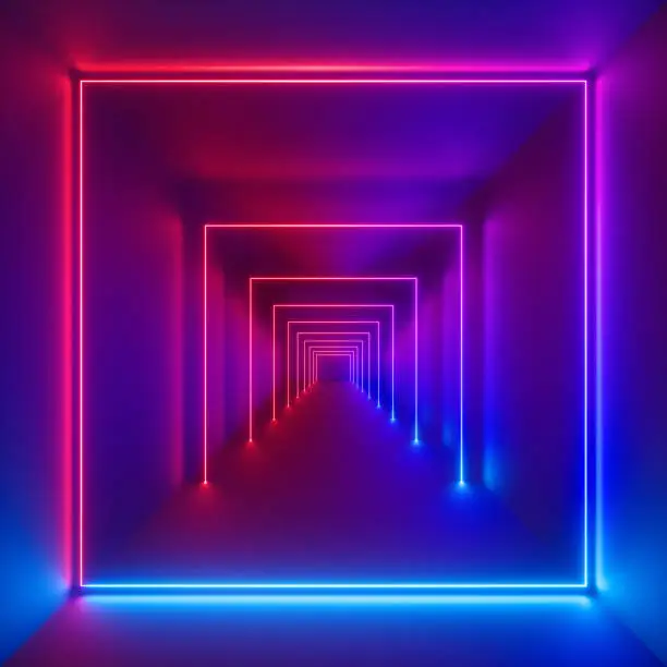 Photo of 3d render, neon lights, laser show, glowing lines, virtual reality, abstract fluorescent background, optical illusion, cubic room, corridor, night club interior