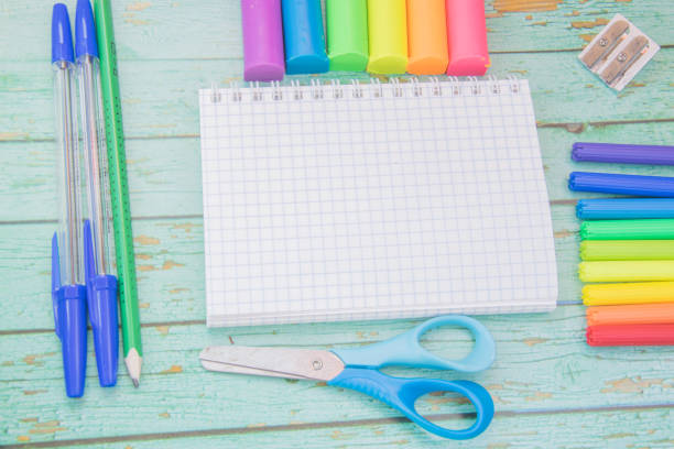 istock Color school supplies. Pencils, markers, notebook, scissors, color clips 993088672