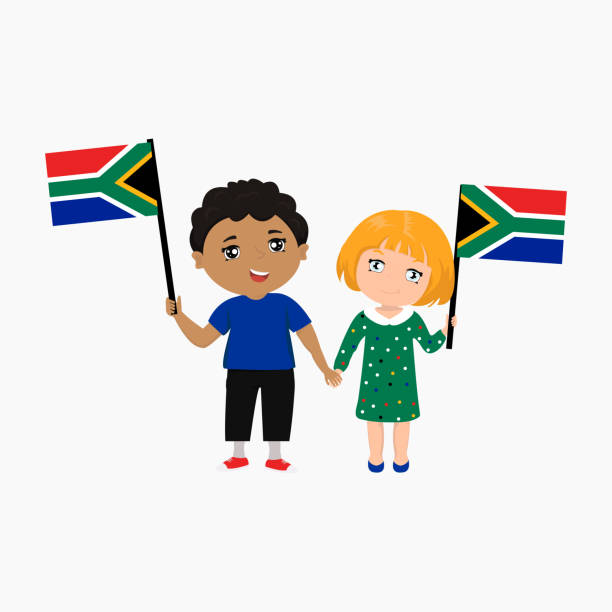 ilustrações de stock, clip art, desenhos animados e ícones de vector illustration of two cartoon kids with the flags of south africa. - africa south africa child african culture