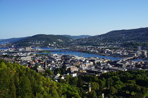 View of Drammen in Norway as seen from the hillside above. Drammensfjorden in the background.