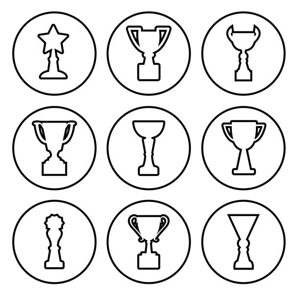 ilustrações de stock, clip art, desenhos animados e ícones de set of awards and cups, outline design. vector illustration - gold medal audio