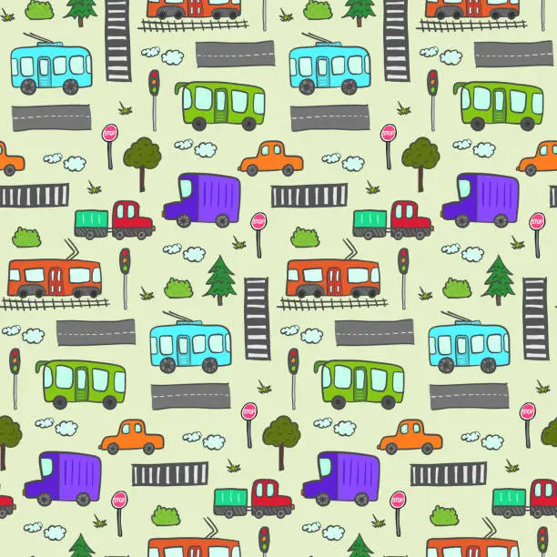 Vector illustration of Cute colorful cartoon city transport pattern