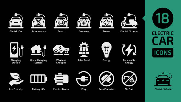 Electric car and scooter shape icon set on a black background with charging station, solar penel, renewable energy, eco friendly, battery life, zero emission, no fuel. Electric car and scooter shape icon set on a black background with charging station, solar penel, renewable energy, eco friendly, battery life, zero emission, no fuel. hybrid car stock illustrations