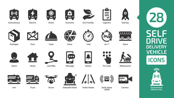 Driverless delivery vehicle shape icon set. Autonomous van car, drone and truck for packages and food transportation. Driverless delivery vehicle shape icon set. Autonomous van car, drone and truck for packages and food transportation. sidewalk icon stock illustrations