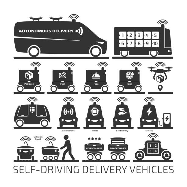 Autonomous delivery robot car and drone vector shape icon set. Future driverless van ant truck vehicle for packages and food transportation. Autonomous delivery robot car and drone vector shape icon set. Future driverless van ant truck vehicle for packages and food transportation. sidewalk icon stock illustrations