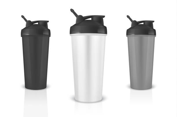 istock Vector realistic 3d white, black and gray empty glossy metal shaker for sports nutrition with black cap icon set closeup isolated on white background. Design template of packaging mockup for graphics. Front view 993163164