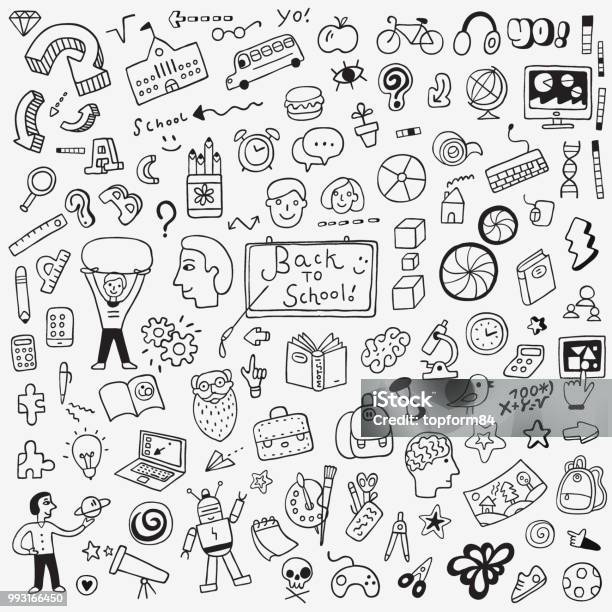 School Education Doodle Set Pencil Drawings Stock Illustration - Download Image Now - Arrow Symbol, Art, Bag