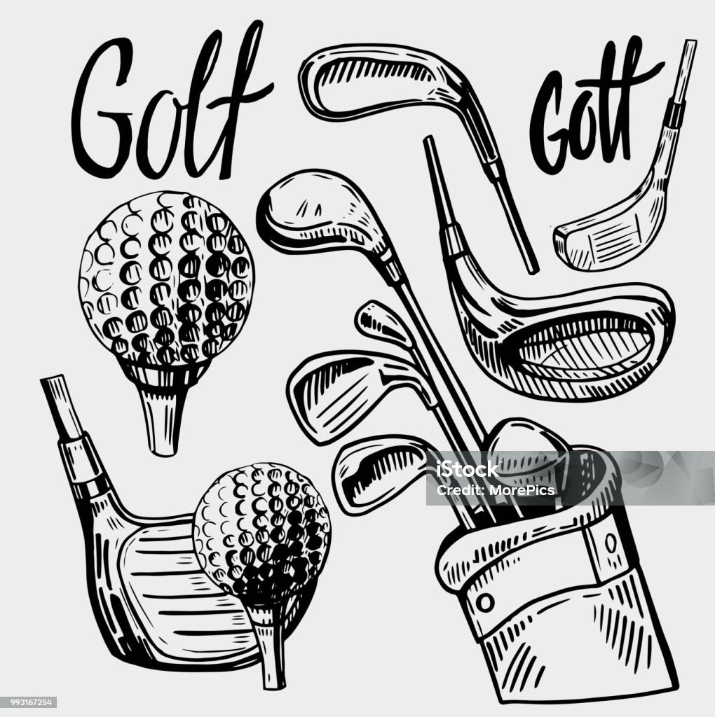 Set of golf objects. Hand drawn sketch converted to vector Golf Ball stock vector