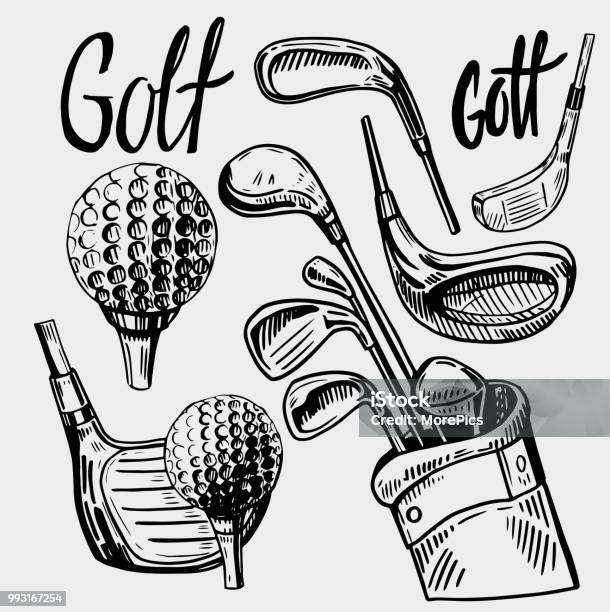 Set Of Golf Objects Hand Drawn Sketch Converted To Vector Stock Illustration - Download Image Now