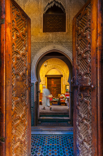 Door of Madrasa Al-Attarine mosque in Fez, Morocco.