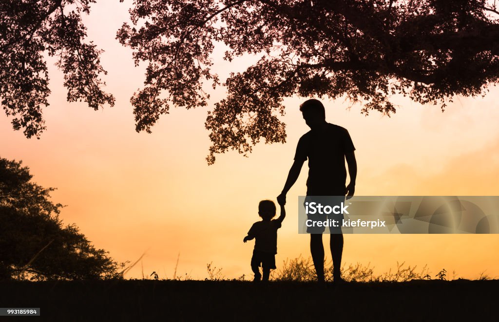 Padre figlio che si tiene per mano camminando insieme. - Foto stock royalty-free di Padre