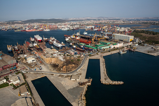 Tuzla, Istanbul, Turkey - 25 August 2013; Tuzla district of Istanbul. Aerial view of shipyards in Marmara sea. This shipyard zone was founded in 1960s and houses about 40 shipbuilding companies
